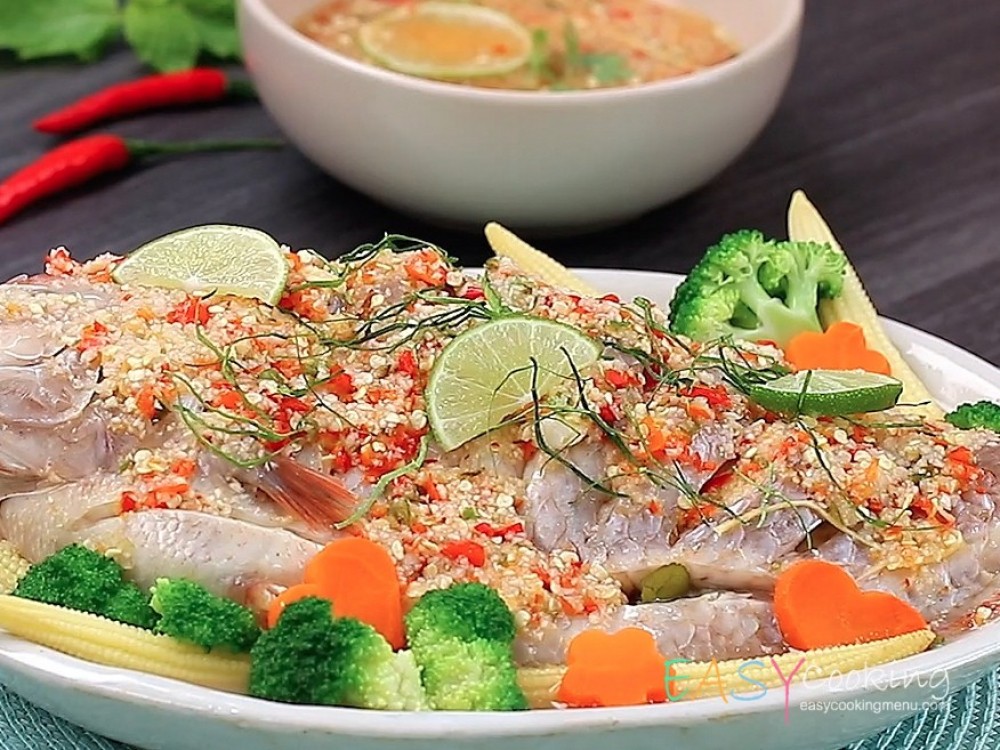 ปลาทับทิมนึ่งขิง